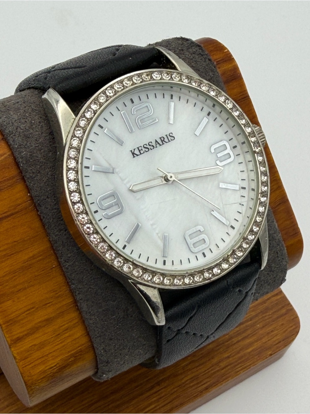 Kessaris Men's Working Silver Crystal Bezel Watch with Black Strap